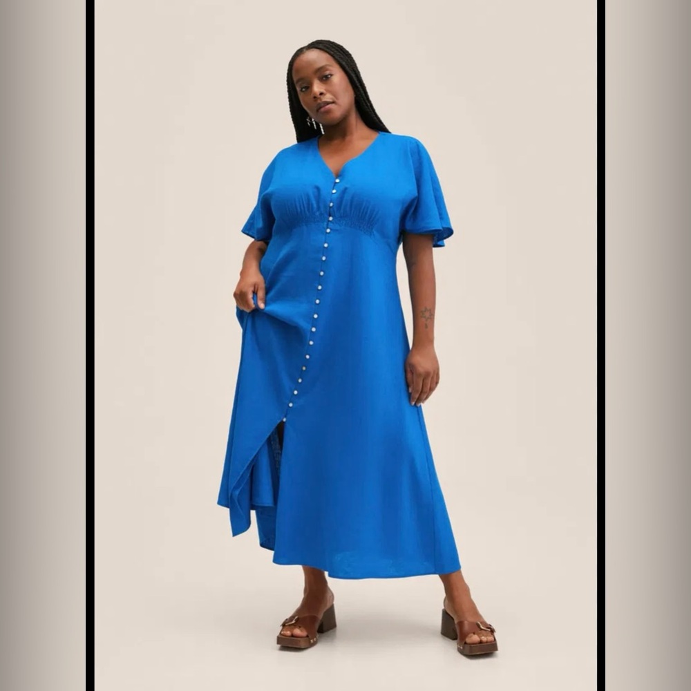 MANGO Blue Linen Button-Down Dress